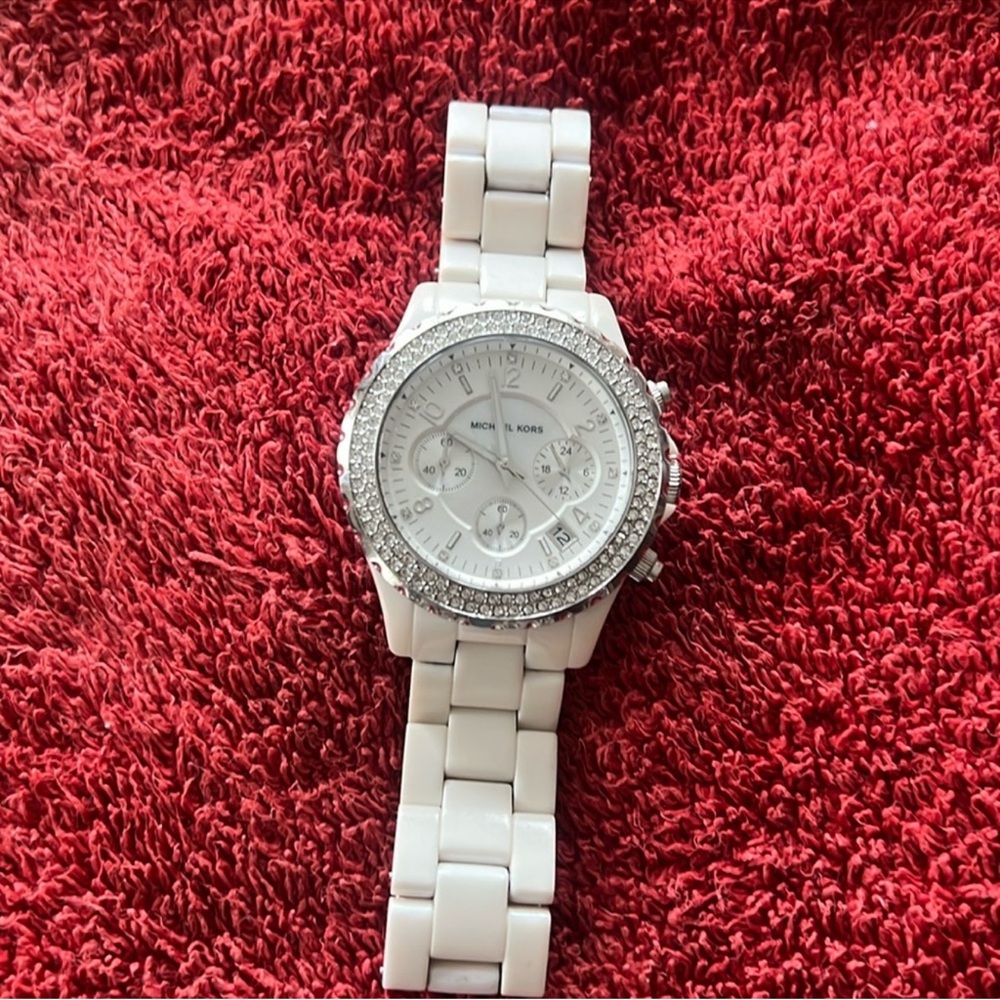 Michael Kors White Ceramic Watch with Crystal Bezel